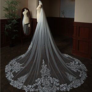 Elegant White Bridal Veil with Lace Details